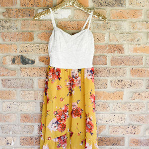 AMW | Yellow Floral & Lace Hi Lo Dress